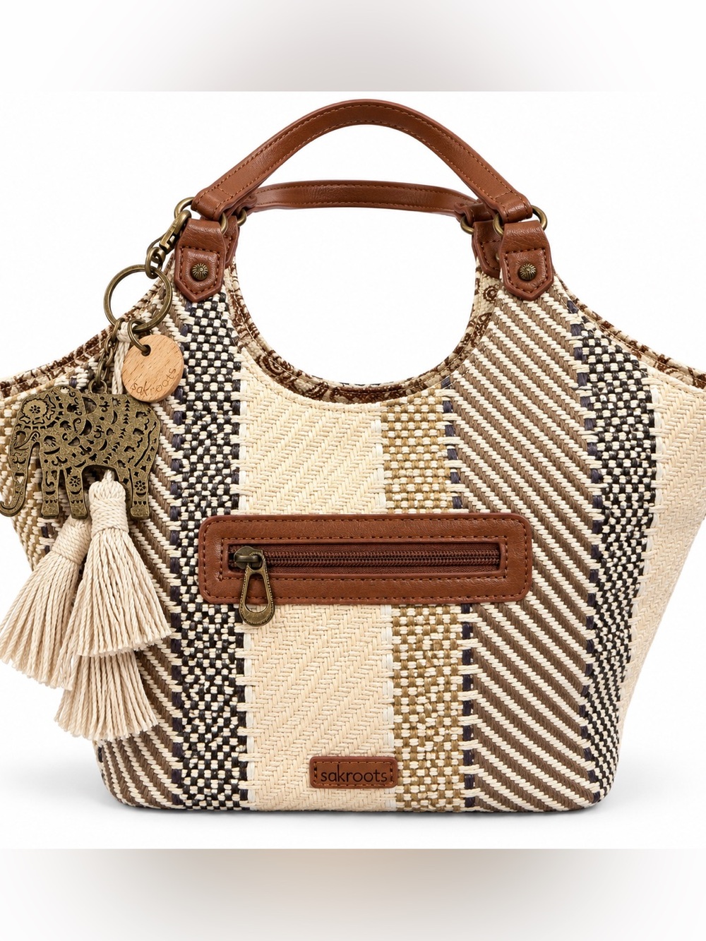 Sakroots Roma Shopper Woven Boho Tote Bag Elephant Charm Tassels NWOT